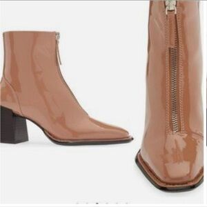 Open Edit Patent Leather Chloe Zip Front Ankle Boot Stack Heel Tan Camel Size 8